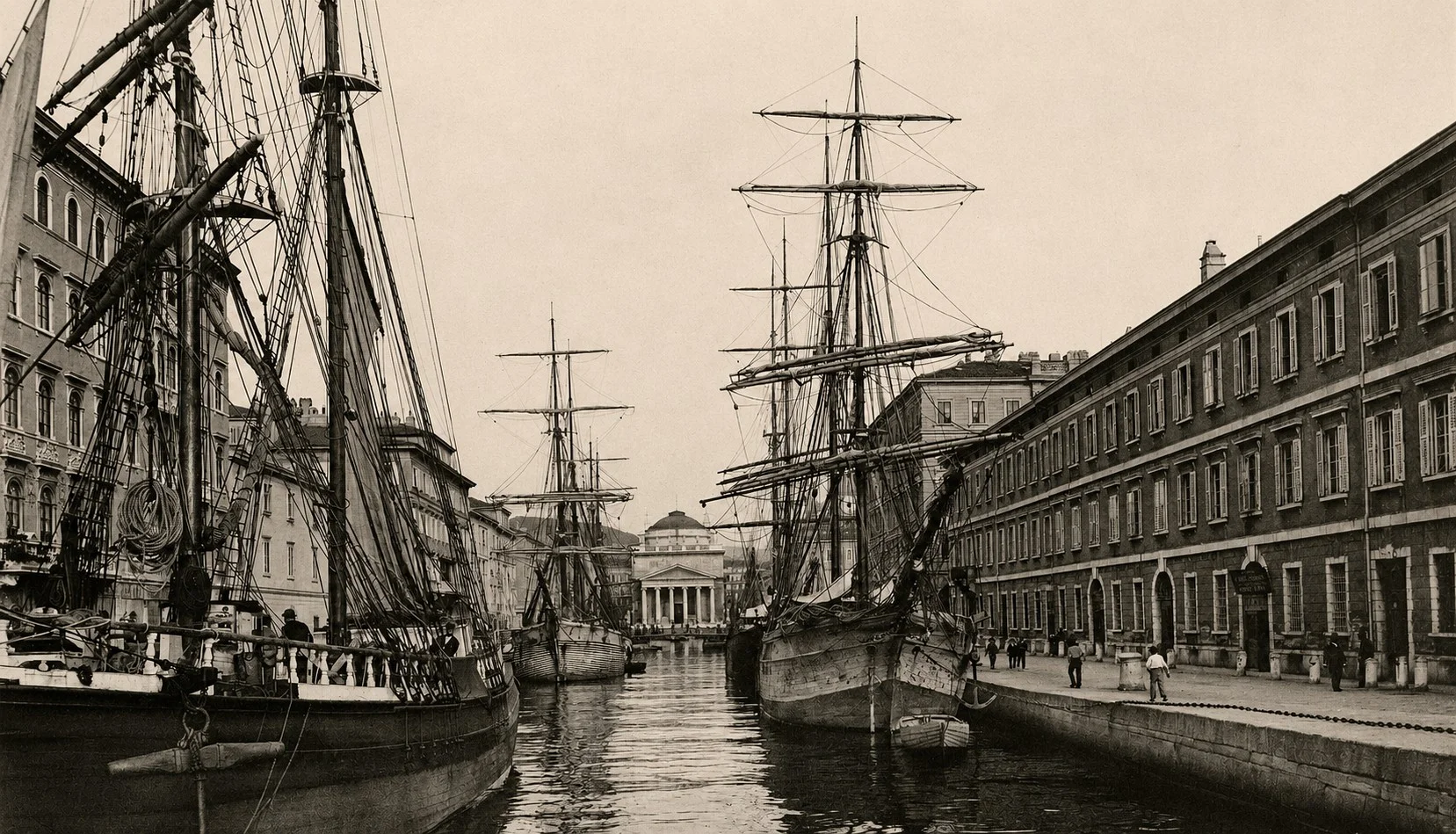 Trieste’s Grand Canal with moored sailing ships