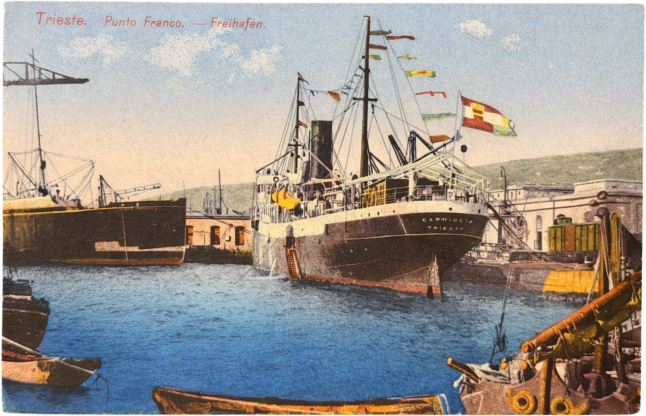 Trieste Free Port Postcard with Steamship Carniolia