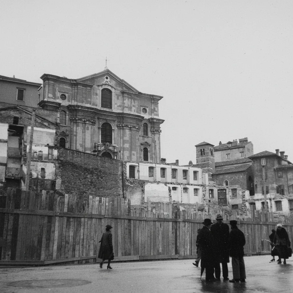 Demolition between Via di Rena and Via Riborgo revealing Santa Maria Maggiore (1939)