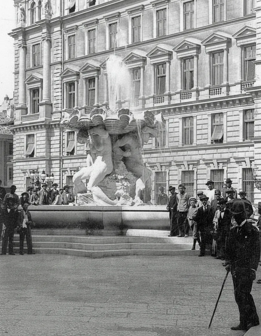 Inauguration of the Fontana dei Tritoni in Piazza delle Poste, today Piazza Vittorio Veneto in 1898