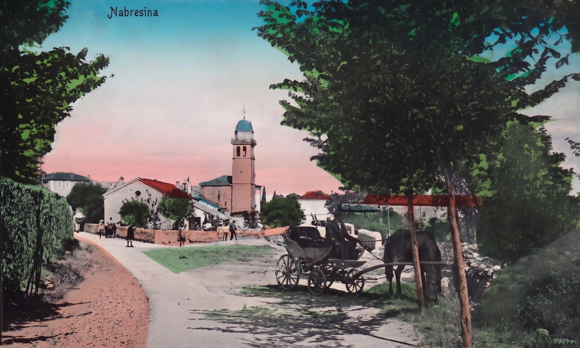 Nabresina (Aurisina): Dorfansicht mit Kirche und Kutsche