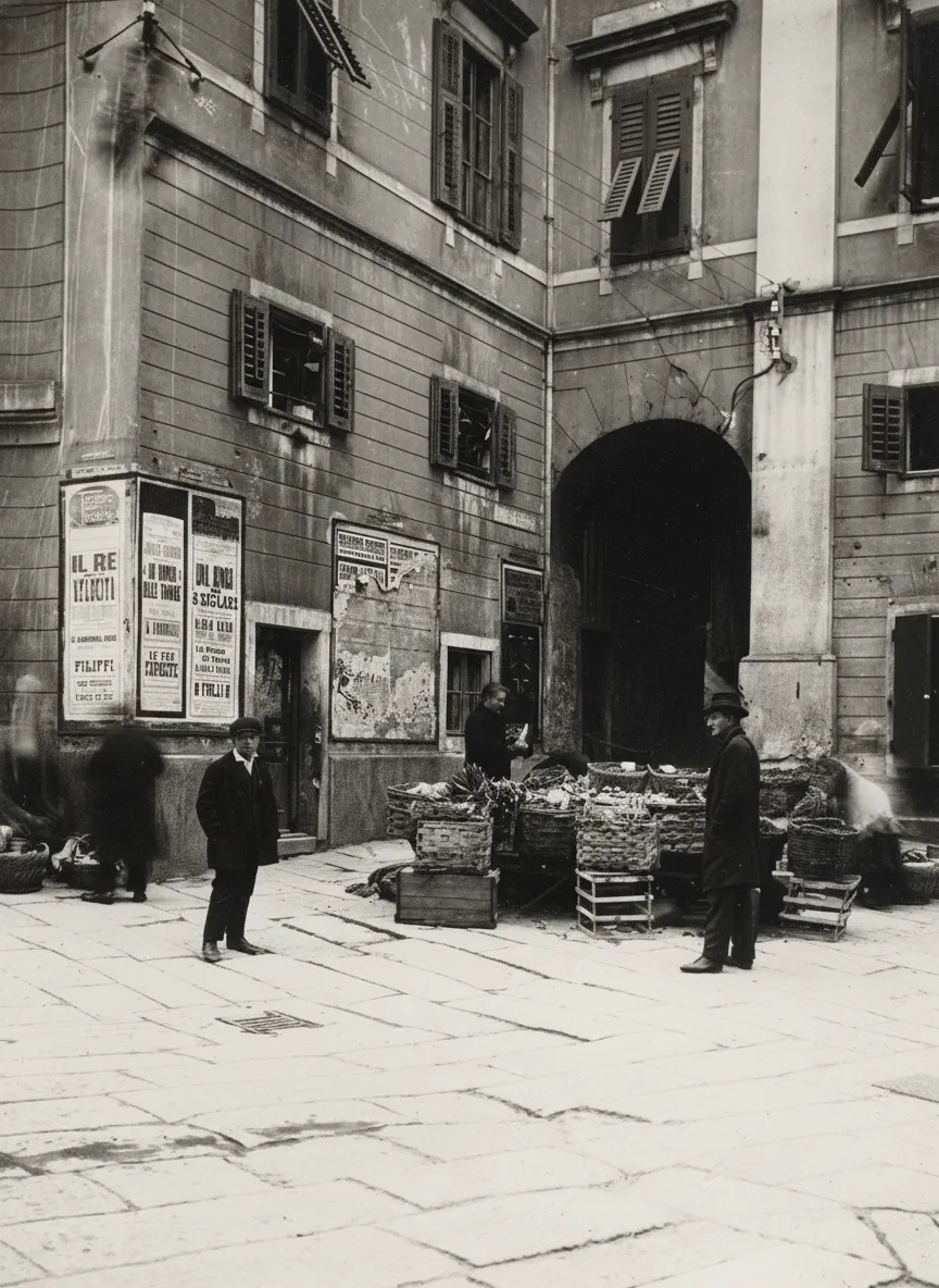 Barbacan Square, Trieste – historic market scene