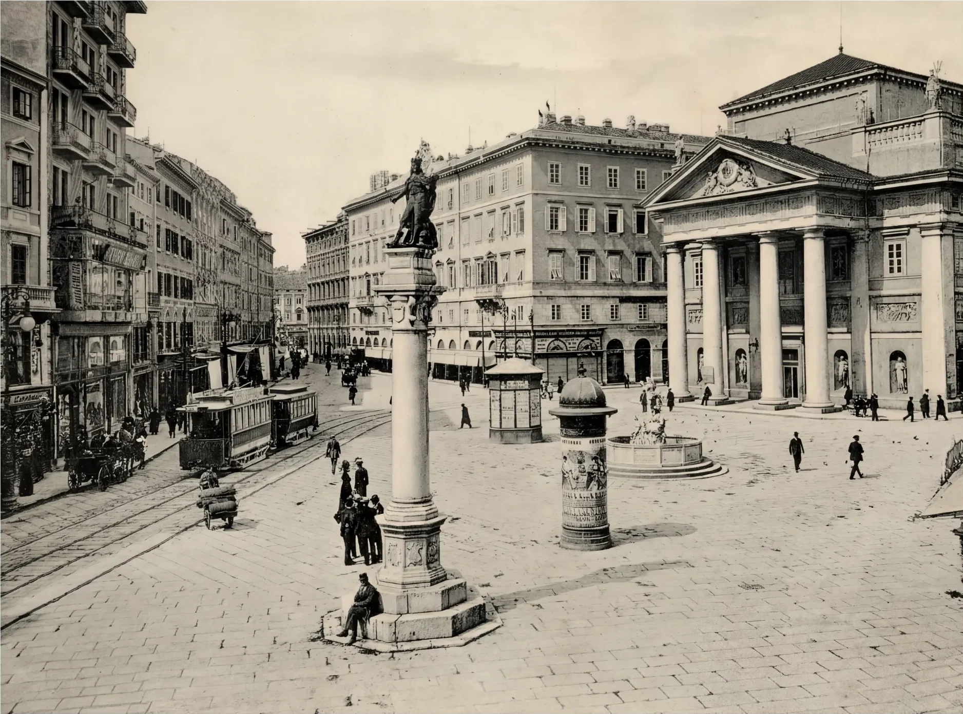 Piazza della Borsa Trieste: Trams and Historic Palace 1900s