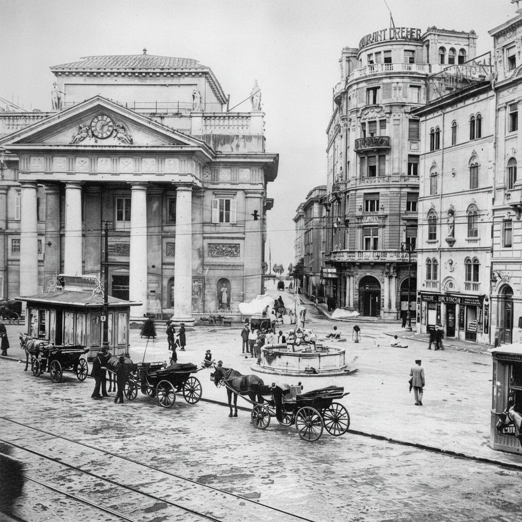 Piazza della Borsa in 1909 with the Grand Restaurant Dreher, later Borsa Valori