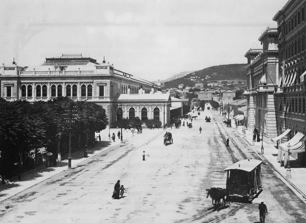 Trieste, Piazza della Stazione: horse-drawn tram, late 1800s