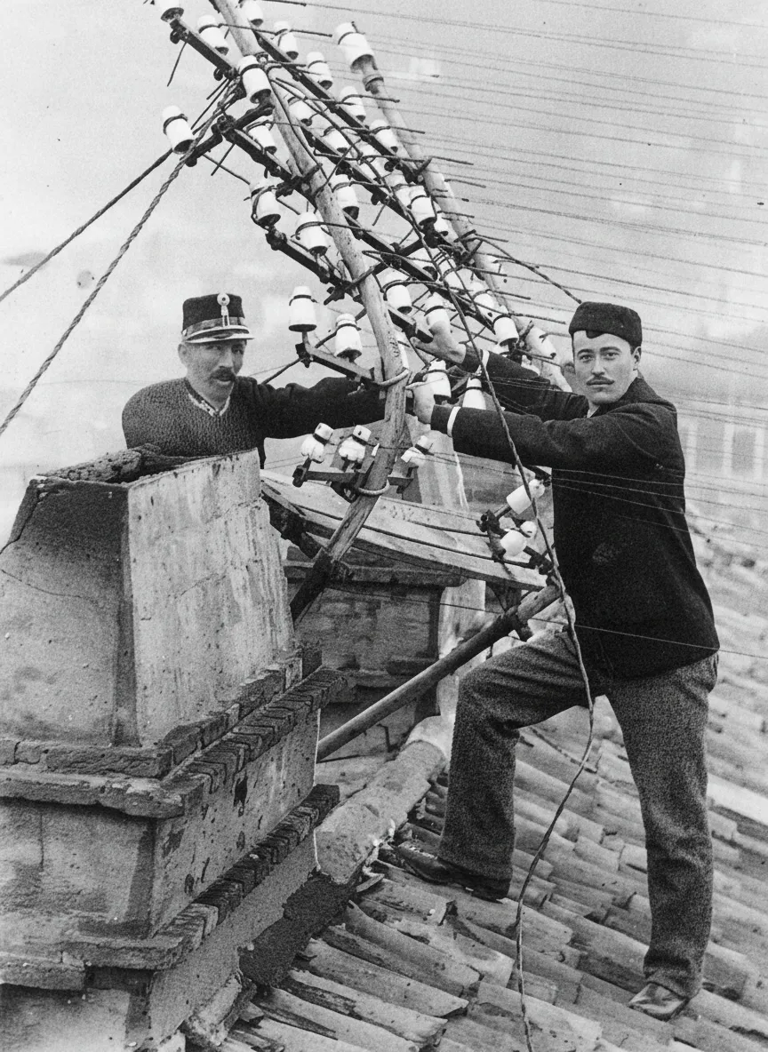 Telephone pole uprooted by the bora in 1895 in Piazza Caserma, today Piazza Oberdan