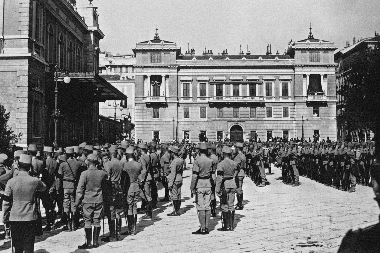 Troops saluting the bier of Francesco Ferdinando and consort