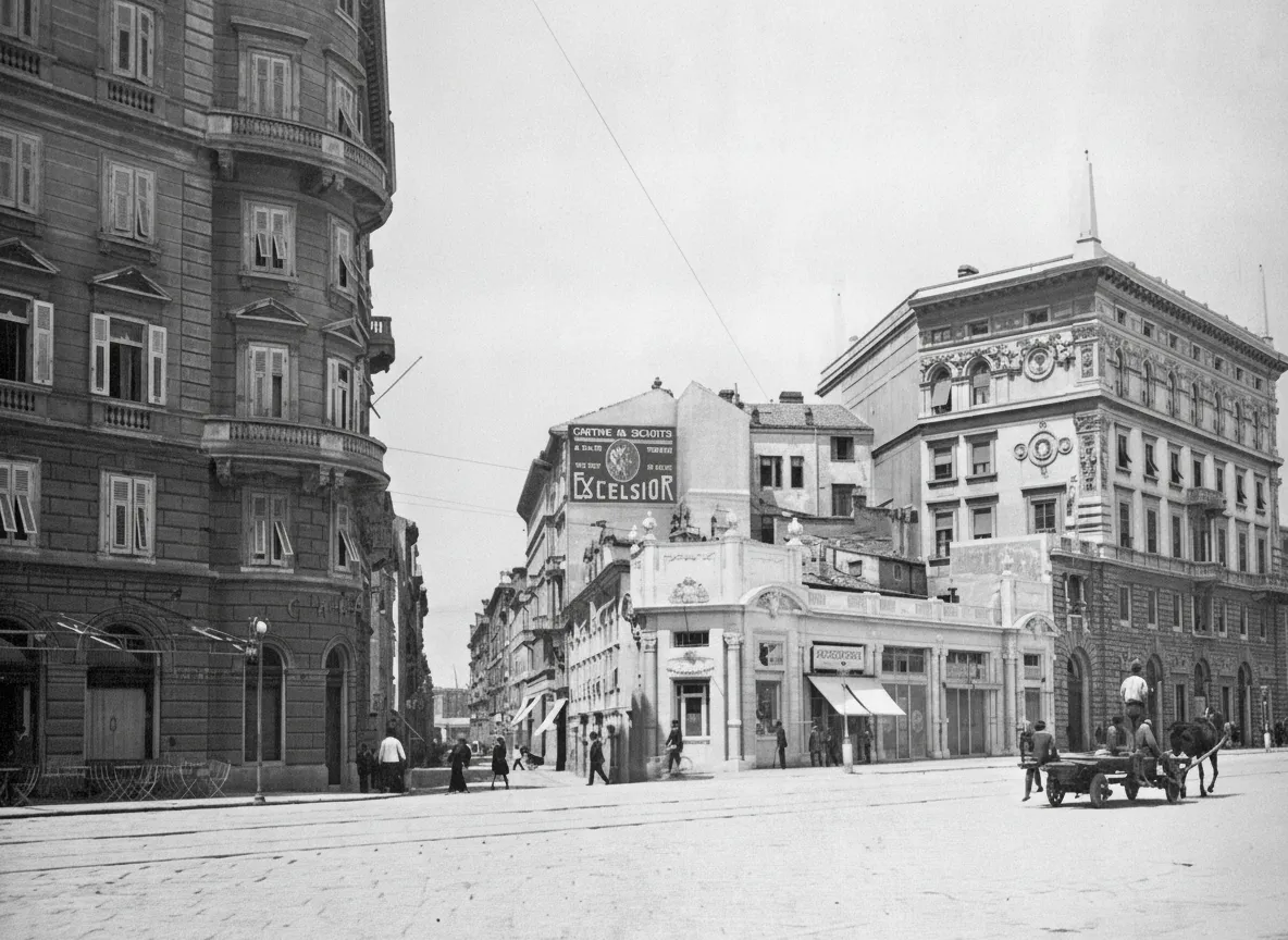 Via Carducci at the corner of via del Molin Piccolo, today Milano, before the construction of the current skyscraper. 1930s